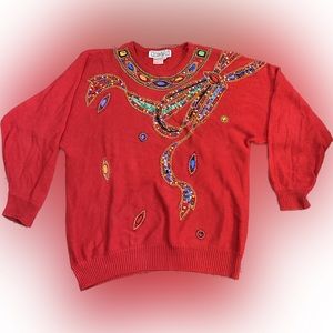 Vintage ViVien Forest Colorful Beaded Sequin Gem Red Sweater Size Large
